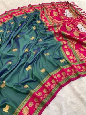 Emerald Green-Red Pattu Saree with Zari Motifs