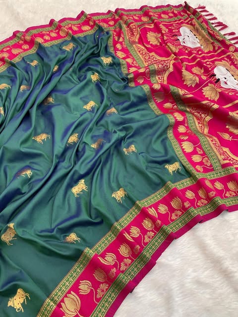 Emerald Green-Red Pattu Saree with Zari Motifs