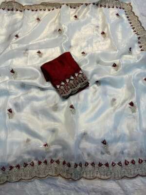 Ivory Red Floral Designer Saree with Embroidered Border