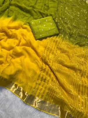 Yellow-Green Ombre Chiffon Saree with Subtle Zari Accents
