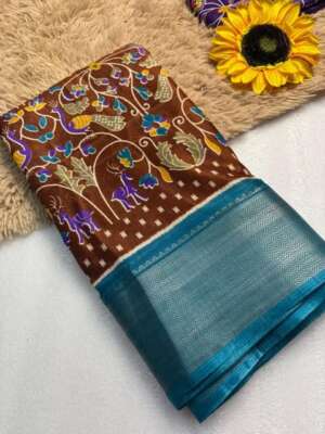 Brown-Teal Kalamkari Saree with Folk Art Motifs